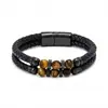 Pulsera Popular de Acero Inoxidable para Hombre con Cordón de Cuero y Piedras, Estilo Europeo y Americano, con Piedra Mate y Accesorios de Ojo de Tigre