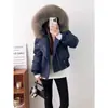 Casaco curto de algodão estilo coreano, gola diagonal de nicho, para mulheres, outono e inverno, azul marinho, corte solto, afina e valoriza, fornecimento de roupas de algodão femininas