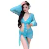 Bikini azul lago de cuatro piezas con blusa de manga larga sexy estilo japonés y coreano delgado traje de baño de dos piezas para vacaciones al por mayor
