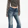 Jeans boca de sino de cintura baixa estilo retrô americano para mulheres, novo estilo outono 2026, calças boca de sino versáteis e elásticas de comprimento total para meninas estilosas