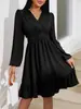 Vestido feminino liso de cor sólida com gola V, mangas compridas e babados - Novo Amazon Transfronteiriço 2024
