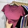 Playera de Manga Corta para Mujer Verano 2024 Nueva Playera de Algodón de Color Puro con Cuello en V para Mujer Talla Grande Holgada que Cubre el Vientre