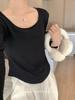 2318# Pessoas de Papel U Grande Queda/Inverno Joker Liso Cor Sólida Bainha Confortável Cintura Marcada Magro Magro Camiseta Básica Feminina
