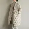 Chaqueta de plumón fina y cálida de talla grande para mujer, otoño e invierno, holgada, artística, con cuello alto, color liso, cuadros con líneas marcadas, de longitud media