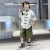 Ropa de Verano para Niños, Nuevo Traje Estilo Chino, Camisa de Botones, Pantalones Cortos, Conjunto de Dos Piezas Holgado Moderno y Guapo para Niños Medianos y Grandes