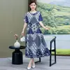 Vestido de Algodão e Seda da Mamãe, Verão Manga Curta de Alta Qualidade Elegante Vestido de Viscose para Comércio Exterior com Bolsos para Mulheres de Meia-Idade e Idosas