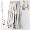 Algodão e linho Calças casuais Calças femininas Primavera e verão Fino Vintage Estilo étnico Bordado Calças de perna larga All-match Emagrecimento Calças na altura do tornozelo Mulheres na moda