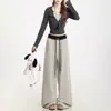 Pantalones casuales de punto a rayas beige y gris estilo americano para mujer, corte holgado y relajado, con una caída favorecedora, efecto adelgazante, versátiles pantalones largos de pierna ancha y recta