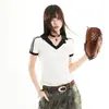 Camiseta de Manga Corta Estilo Retro Americano Chica Picante para Mujer, Nuevo Verano 2026 Ajuste Delgado Cuello Solapa Top Corto Adelgazante
