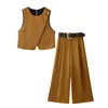 Zr Exportación al por mayor Estilo Europeo y Americano Top de Seda Satén Texturizado de Doble Botonadura para Mujer con Cinturón Pantalones Sueltos 8459556