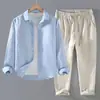 Novo terno de linho para homens de comércio exterior transfronteiriço: conjunto de duas peças de algodão e linho, tamanho grande, camisa de cor sólida + calça casual reta