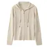 Cardigan de Tricô com Capuz Branco com Cordão Zíper Duplo Manga Longa Feminino Emagrecedor Versátil Suéter Curto Jaqueta Outono