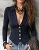 2026 Moda Femenina Elegante de Color Sólido con Botones, Manga Larga, Cuello Turn-Down, Camisa/Top para el Sitio Independiente Europeo y Americano Transfronterizo de Amazon