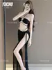 Bikini Escotado de Cuello Halter 2026 Nuevo Estilo Sexy con Abertura Vestido Largo Conjunto de Tres Piezas Vacaciones en la Playa Adelgazante Ropa de Baño Chica Atrevida