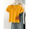 Camiseta de Algodón Color Sólido Ajustada de Manga Corta Estilo Coreano para Mujer, Top Ajustado de Manga Media con Cuello en U, Camiseta Básica para Capa Interior de Verano