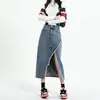 Saia jeans fina de cintura alta para o verão com fenda, apresentando um design estiloso, nova saia retro evasê 2026 e uma silhueta longa que valoriza o corpo