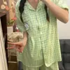 Novo Pijama Xadrez de Urso Autodepreciativo Desenho Animado para Mulheres Verão Manga Curta Shorts Conjunto de Duas Peças para Meninas Estudantes Quarto Roupas de Casa