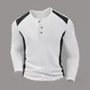 Amazon Transfronterizo Nuevo Waffle de Hombre Bicolor Cuello Alto Abotonada Manga Larga Henley Camisa Casual Otoño Top