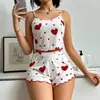 Conjunto de Dos Piezas de Camisola de Canalé con Estampado de Amor Europeo y Americano y Shorts Estilo Dulce de Verano Pura Tentación Ropa Exterior Ropa de Casa