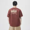 Camiseta masculina de manga curta com gola careca e tecido pesado de 250g, top moderno com estampa estilo montanha, camiseta casual solta de meia-manga para o verão