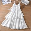 Vestido Largo de Verano para Mujer con Volantes de Estilo Festivo, Tirantes Finos, Broche de Flor Blanca Irregular de Tencel, Temperamento Francés