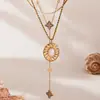 Rueda de la Fortuna Acero Inoxidable Flor de Cuatro Hojas Circonita Collar con Colgante Ovalado en Forma de Y Bañado en Oro de 18 Quilates Combinación Apilada de Doble Capa Cabeza