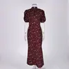 Super Fábrica Pode Personalizar Vestidos Florais para Mulheres, Estilo Retro Francês, Gola Alta, Mangas Bufantes, Cincha na Cintura, Vestido Longo Emagrecedor Atacado