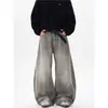 Sentido del Diseño Retro Lavado Gris Viejo Salpicadura de Tinta Cimitarras Jeans Hombres y Mujeres Marca de Moda Estilo Americano Calle Pantalones Sueltos