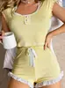 Comercio Exterior Transfronterizo Puro Deseo Femenino Encaje Ropa de Casa Top Corto de Manga Corta Conjunto de Pantalones Cortos Pijama Delgado Transpirable