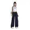 Pantalones Anchos Asimétricos Rasgados Dopamine para Mujer, Delgados de Primavera de Cintura Alta Sueltos Negros con Cordones Rectos tipo Cargo para Mujer
