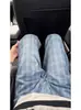 Jeans Rectos Azules Retro Texturizados para Mujer en Otoño Nuevo Chica Gordita mm Cintura Alta Holgados Estilizan Piernas Anchas