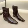 Versión de cuero suave~botines de tacón alto retro para mujer, nuevo estilo de otoño e invierno, botas ajustadas de punta cuadrada, talla pequeña, botines elásticos interiores que aumentan la altura