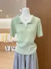 Suéter de Punto con Cuello Chal de Manga Corta Color Verde Limón Verano 2026 para Mujer Delgado Versátil Top Adelgazante