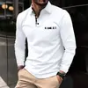 Camisa polo de manga larga para hombre nueva transfronteriza con estampado 3D, color liso casual, polo simple de negocios con cuello camisero