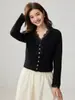 Cárdigan de punto de cachemira con ribete de encaje para mujer, cuello en V, manga larga, corto, elegante francés, versátil, color liso, chaqueta de botones