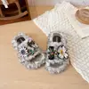 Pantuflas de Casa con Pedrería de Abeja para Niñas, Nuevas Pantuflas de Algodón Peludo Cálidas Antideslizantes de Suela Suave para Interior de Niños Otoño/Invierno