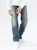 Jeans Masculino Retrô Americano High Street Lavado Desgastado Perna Reta Bolso Grande, Calça Casual Solta com Design Nicho de Outono