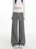 Pantalones anchos de pierna ancha, corte holgado, de rayas simples estilo coreano para mujer, otoño, con cordones, cintura alta, caída suave, deportivos casuales, pantalones de chándal