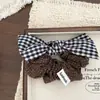 Novo prendedor de cabelo infantil, elástico de cabelo, scrunchie, tiara com estampa xadrez de bolinhas e urso com laço