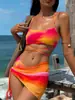 Traje de banho biquíni tie-dye transfronteiriço europeu e americano 2027 para mulheres, conjunto de três peças com saia de rede, biquíni separado, moda praia Amazon