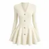 Vestido de punto con cuello en V estilo francés para mujer, minivestido de punto adelgazante para la cintura de Amazon, estilo corto con dobladillo ancho
