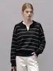 Tricô casual de outono, soltinho, com blocos de cor e listras, com gola de lapela
