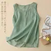 Top de tirantes de verano para mujer, talla grande, corte holgado, casual, lino, sin mangas, con bordado de encaje, top de algodón y lino