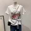 Top de Algodón Puro Chic Chic Coreano con Estampado de Mariposa Camiseta Gris de Manga Corta para Niñas Verano Suelta Casual
