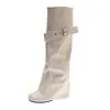 Botas largas de metal estilo occidental apiladas para mujer, botas de montar de cuero de tubo alto con tacón grueso adelgazante, de pierna ancha sueltas plisadas para otoño