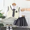 Conjunto de Chaleco de Punto Estilo Academia para Niños y Niñas Camisa POLO con Solapa Moda Nuevo Estilo Coreano Estilo Campus Conjunto de Tres Piezas