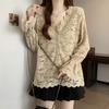 Tamanho Plus Feminino 2025 Primavera Novo Nicho Moda Renda Decote em V Renda Solto Abotoado Manga Longa Blusa Camisa Pequena