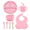 Conjunto de Louça de Silicone, Tigela de Comida Infantil, Utensílios de Prato de Comida de Grau Alimentício, Garfo, Colher, Copo de Água, Babador em Estoque