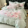 Juego de cuatro piezas de algodón 100% de fibra larga, grosor aumentado, cepillado, con estampado floral grande, de alta gama, que incluye funda de edredón, sábana bajera y ropa de cama