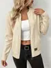 Jaqueta Cardigan de Tricô Popular Feminina Transversal Cor Sólida com Zíper, Gola Canelada, Gola Redonda, Bolsos Duplos, Versátil e Casual